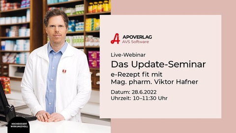 Ankündigung für ein Live-Webinar zum Thema e-Rezept mit Mag. pharm. Viktor Hafner. © apoverlag