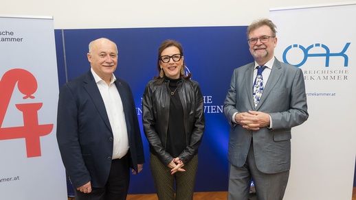 Dr. Gerhard Kobinger, Univ.-Prof. Dr. Ursula Wiedermann-Schmidt und Dr. Rudolf Schmitzberger sprachen u.&thinsp;a.  &uuml;ber den gro&szlig;en Aufholbedarf bei Durchimpfungsraten.  &copy; Medizinische Universit&auml;t/APA-Fotoservice/Tanzer