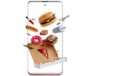 Handy mit Fastfood im Display © Shutterstock