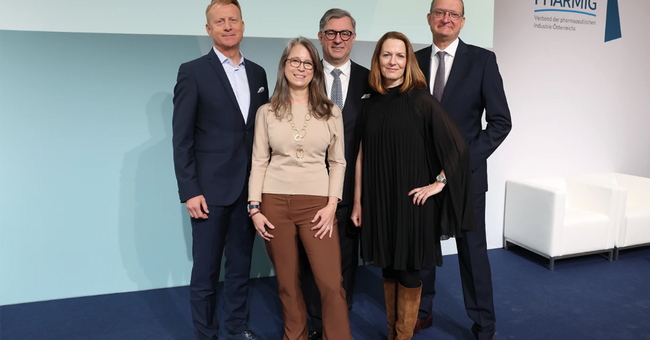 v. l. n. r.: Ing. Mag. Roland Huemer, Dipl. rer. nat. Nicole Schlautmann, MBA, Dr. Pavol Dobrocky, Mag. (FH) Elisabeth Keil und Mag. Alexander Herzog. © PHARMIG, AHF/Klaus Ranger