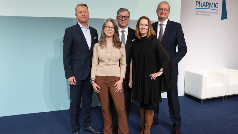 v. l. n. r.: Ing. Mag. Roland Huemer, Dipl. rer. nat. Nicole Schlautmann, MBA, Dr. Pavol Dobrocky, Mag. (FH) Elisabeth Keil und Mag. Alexander Herzog. © PHARMIG, AHF/Klaus Ranger
