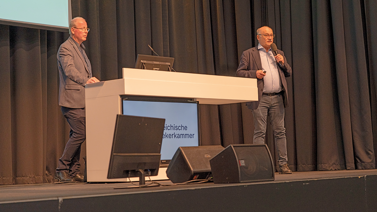 Mag. Josef Fasching und Mag. pharm. Dr. Gehard Kobinger pr&auml;sentierten den Wirtschaftsbericht 2025 und lieferten eine Analyse der betriebswirtschaftlichen Realit&auml;t. &copy; Mag. pharm. Irene Senn, PhD