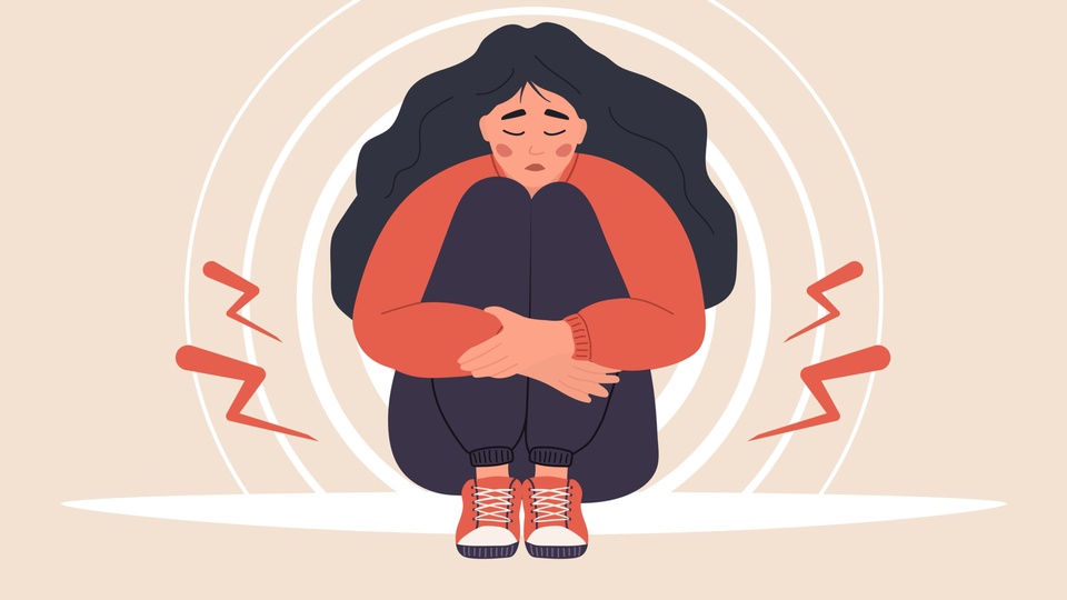 Illustration einer traurigen Frau mit Symptomen von PMS. © Shutterstock