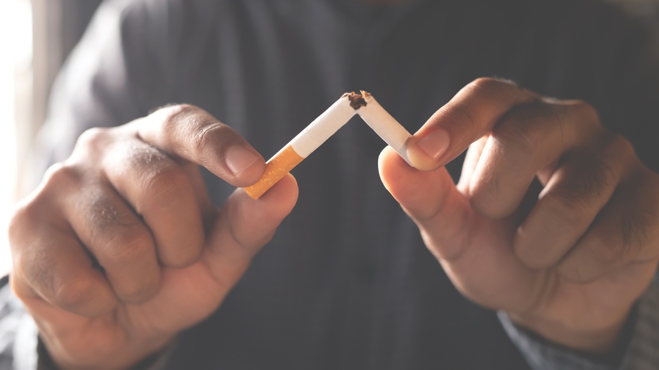 Ein Mann bricht eine Zigarette in zwei Teile. © Shutterstock
