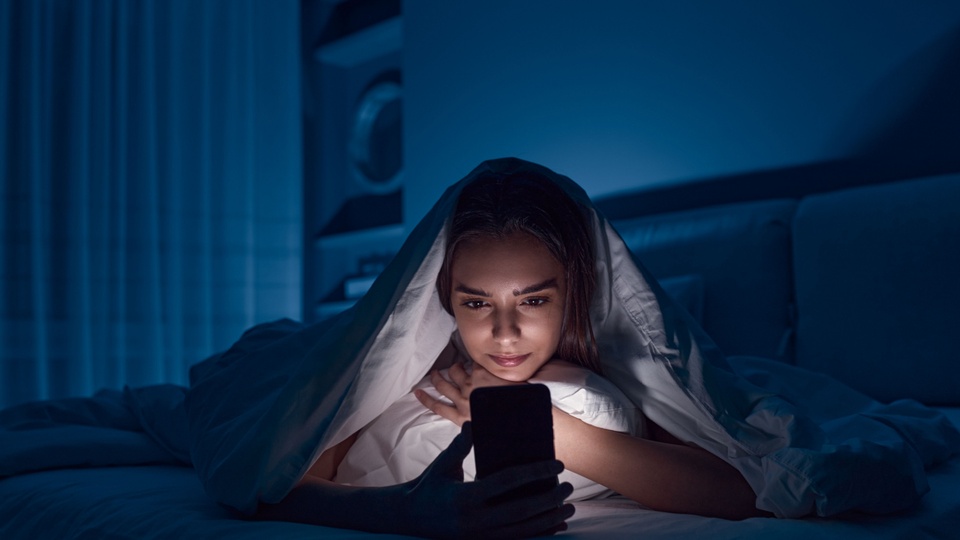 Symbolbild: Eine junge Frau liegt nachts im Bett und liest etwas auf ihrem Smartphone. © Shutterstock