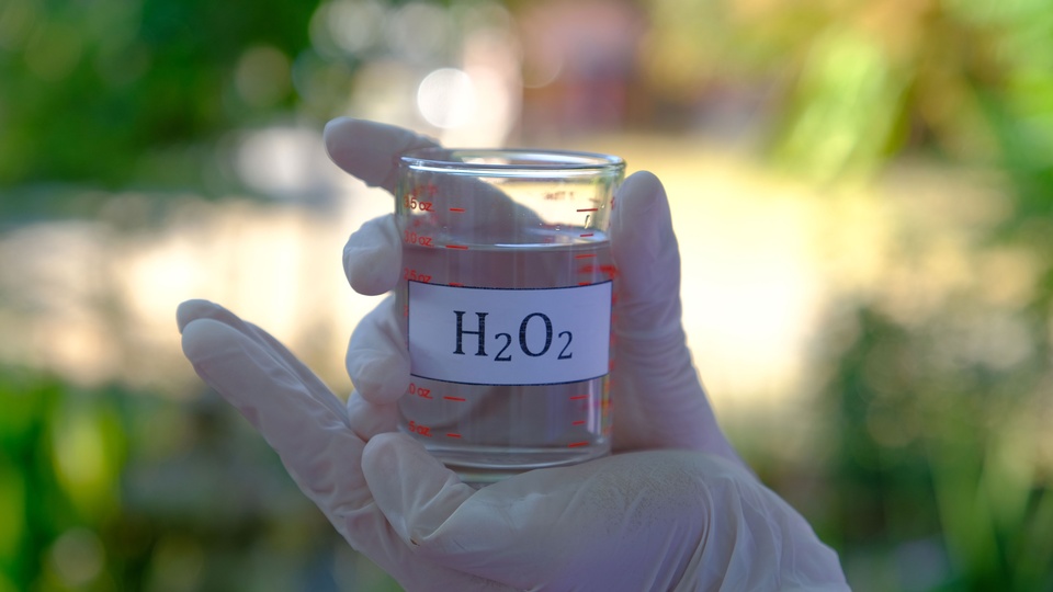 Wasserstoffperoxid-Lösung in einem Becherglas © Shutterstock