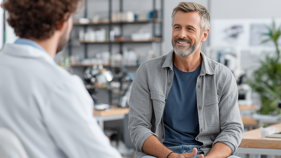 Männer in Österreich werden ab dem 45. Lebensjahr zur Prostatavorsorge­untersuchung ein­geladen. Dabei wird der PSA-Wert bestimmt, der als Grundlage für die individuelle Risiko­einschätzung und das weitere Vorgehen dient. © KI generiert